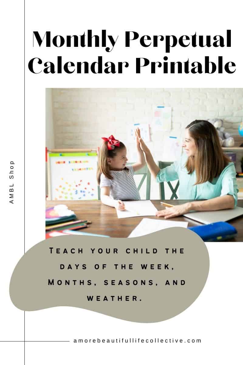 Printable Monthly Calendar for Kids | Homeschoolers, Preschoolers, Primary School | Learn the days, months, seasons, and weather