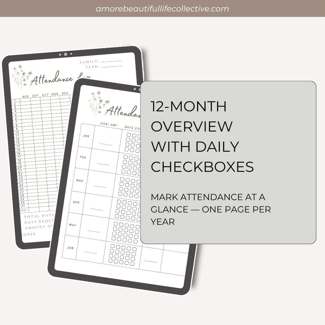 Homeschool Attendance Tracker | Printable PDF with Yearly Checklists & Grid Logs (January + August Start) - Image 2